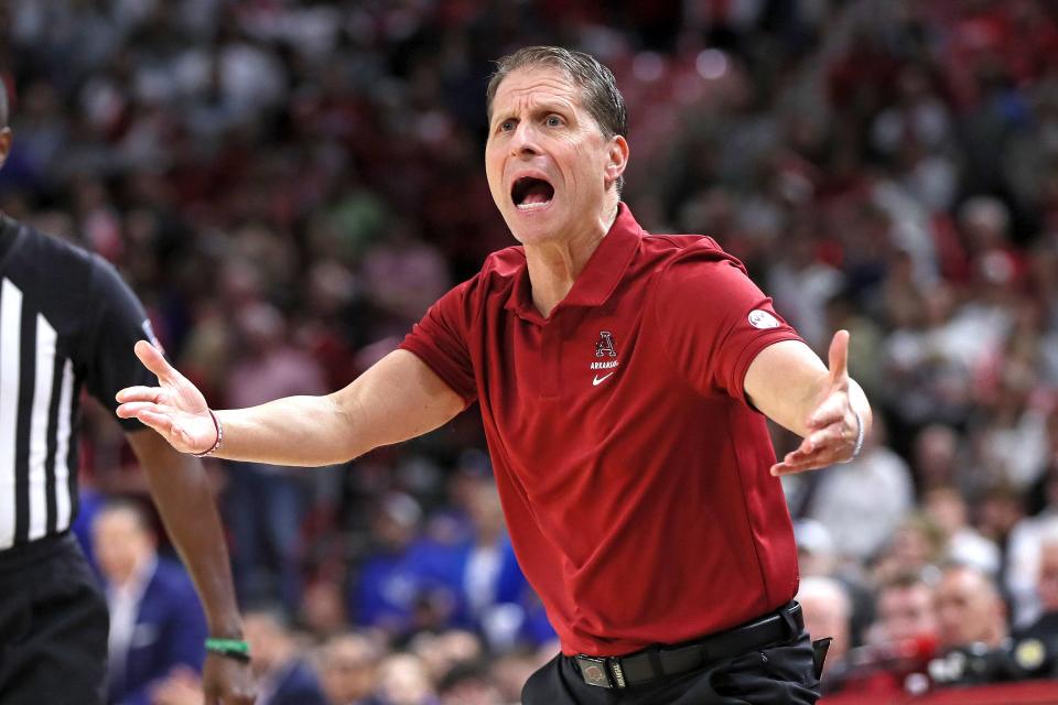 Jan 27, 2024; Fayetteville, Arkansas, USA; Arkansas Razorbacks head coach Eric Musselman reacts to a call during the first half against the Kentucky Wildcats at Bud Walton Arena. Mandatory Credit: Nelson Chenault-USA TODAY Sports