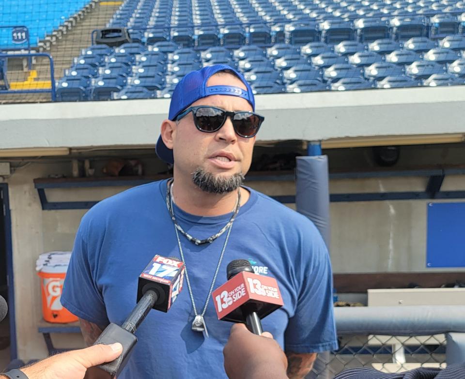 Former Detroit Tigers pitcher Joel Zumaya talks to the media on Wednesday at LMCU Ballpark.