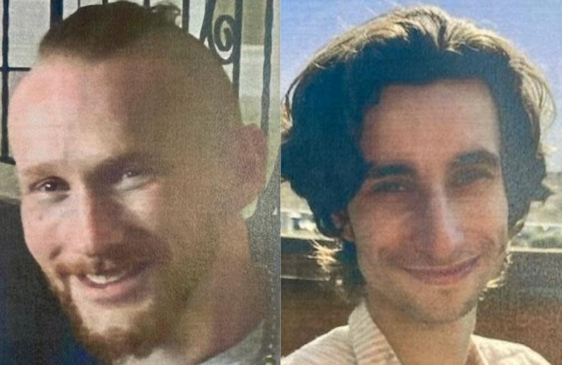 Daniel MacAlpine, left, and Nicolas West were last seen in a tandem kayak in the waters off Sidney, B.C., on Saturday afternoon. (RCMP - image credit)