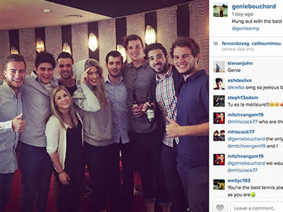 Canadian star Eugenie Bouchard shares a night out with her supporter group, the Genie Army.