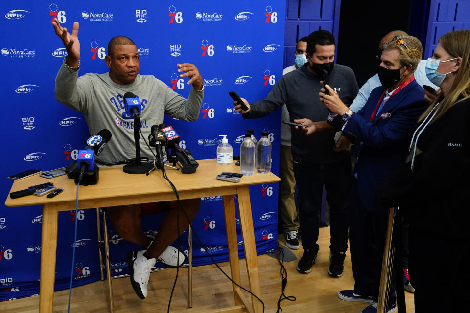 Philadelphia 76ers' Doc Rivers speaks to the media after practice at the NBA basketball team's facility, Sunday, Oct. 17, 2021, in Camden, N.J. (AP Photo/Matt Slocum)