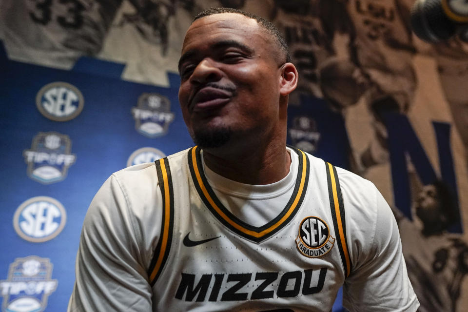 Missouri NCAA college basketball player Nick Honor speaks during Southeastern Conference Media Days, Wednesday, Oct. 18, 2023, in Birmingham, Ala. (AP Photo/Mike Stewart)