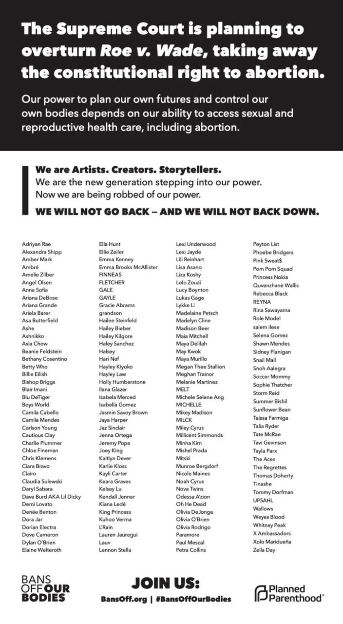 Musical artists, actors, comedians, and other public figures banded together to oppose the the leaked Supreme Court memo as part of Planned Parenthood's #BansOffOurBodies campaign.