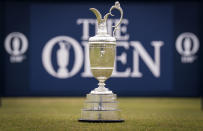 A view of the Open Championship trophy, the Claret Jug pictured on the 18th hole , during The Open Media Day at St Andrews, in Scotland, Tuesday April 26, 2022. The 150th edition of the British Open is expected to attract a record-breaking crowd of 290,000 when St. Andrews hosts in July. Organizers say they received more than 1.3 million ticket applications, leading to the highest-ever number of general admission tickets being issued to fans for the world’s oldest major championship. (Jane Barlow/PA via AP)