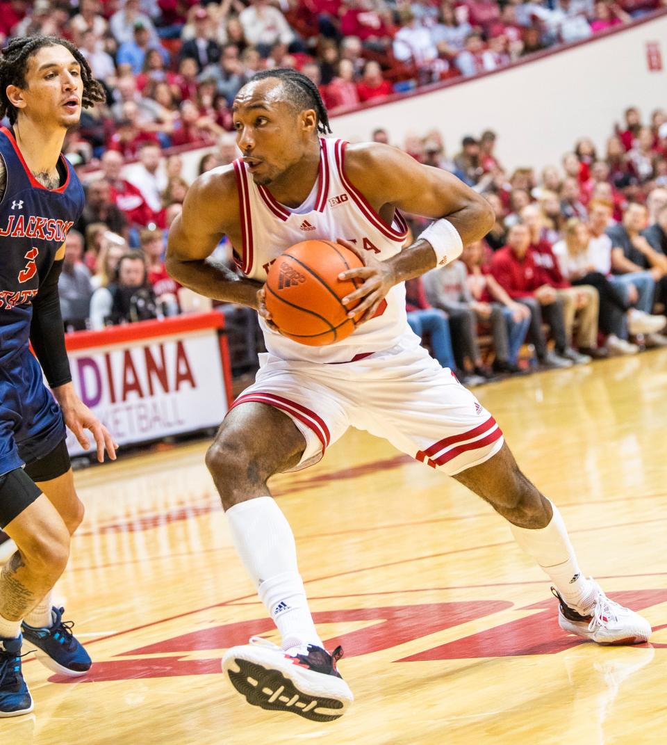 Indiana's Tamar Bates (53) drives past Jackson State's Trace Young (3) during the second half during the Indiana versus Jackson State men's basketball game at Simon Skjodt Assembly Hall on Friday, Nov. 25, 2022.