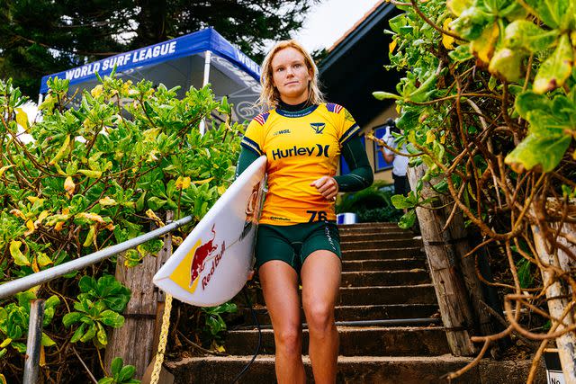 <p>Brent Bielmann/World Surf League via Getty Images</p> Caitlin Simmers of the United States ahead of her heat in the Hurley Pro at Sunset Beach, Hawaii in February 2024.