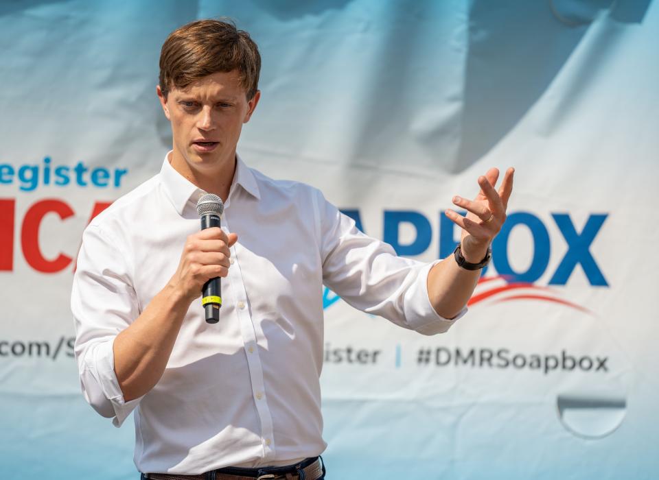 Iowa State Auditor Rob Sand speaks at the Des Moines Register Political Soapbox during the Iowa State Fair, Tuesday, Aug. 16, 2022.