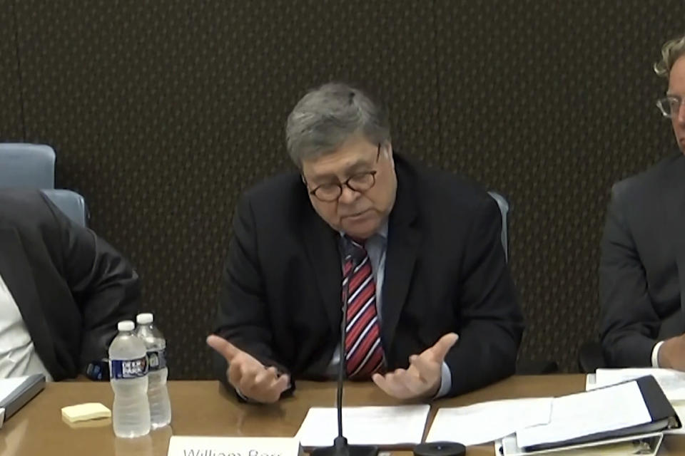 FILE - In this image from video released by the House Select Committee, former Attorney General William Barr speaks during a video deposition to the House select committee investigating the Jan. 6 attack on the U.S. Capitol that was an exhibit at the hearing June 9, 2022, on Capitol Hill in Washington. Some of what the House Jan. 6 committee has revealed over the last six weeks about the Capitol insurrection and former President Donald Trump’s actions in the weeks beforehand has been new. And some of it has just become more vivid, thanks to the panel’s interviews of more than 1,000 witnesses. (House Select Committee via AP, File)