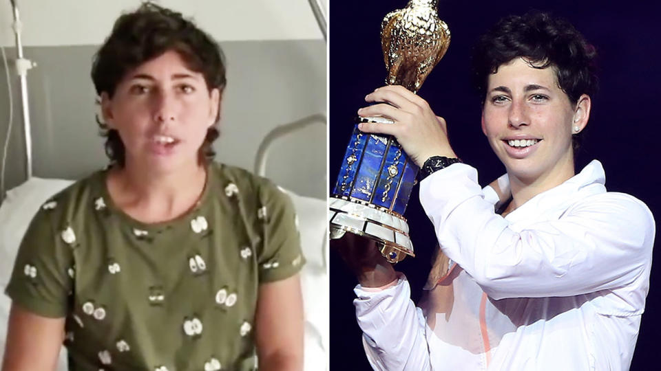 Carla Navarro (pictured left) talking in the hospital and (pictured right) celebrating with a trophy.