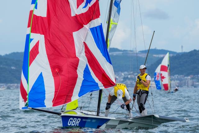 Dylan Fletcher and Stuart Bithell compete during the 49er men’s race 