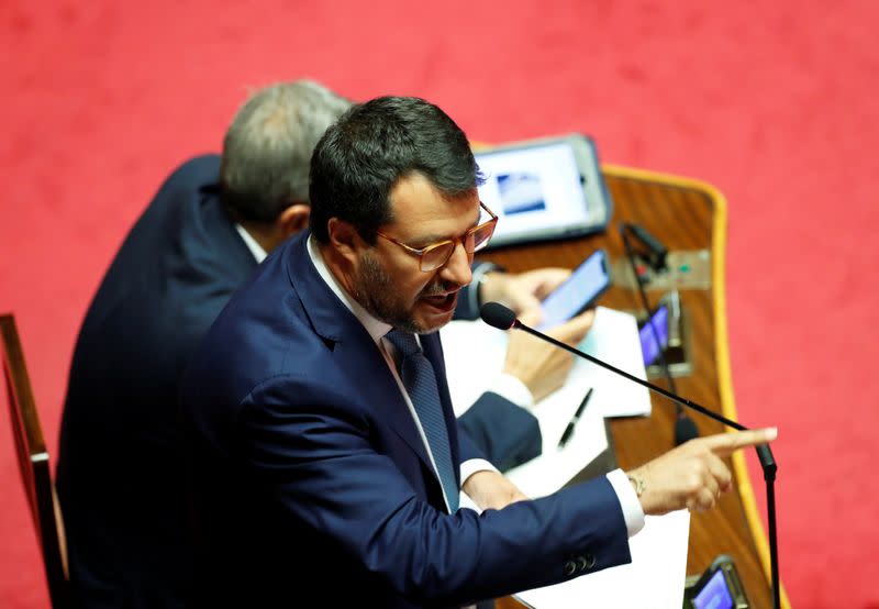 Leader of Italy's far-right League party Matteo Salvini addresses the upper house of parliament, in Rome