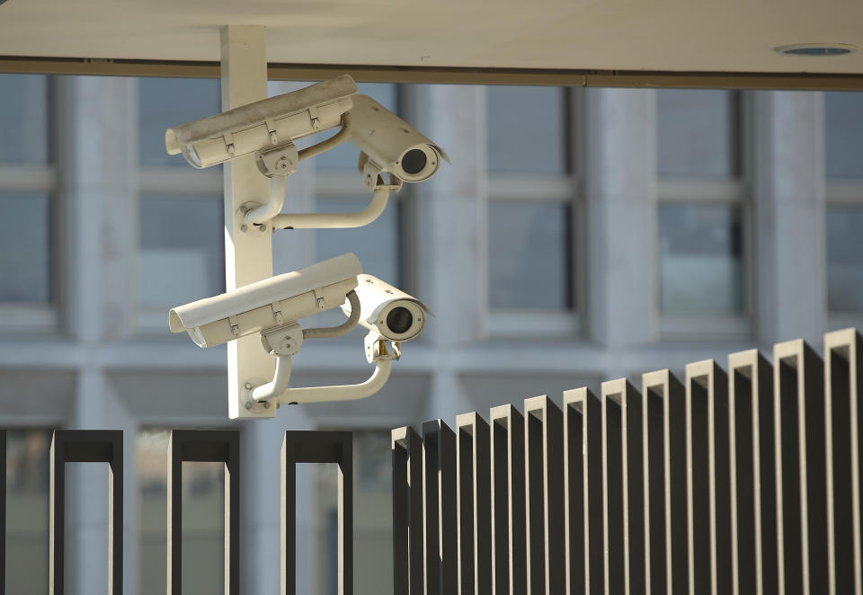 BERLIN, GERMANY - MARCH 02:  Security camera hang at the German Interior Ministry on March 2, 2018 in Berlin, Germany. German authorities are investigating hacker attacks on administrative computers of the German government, including those of government ministries and parliament. Authorities said they suspect a Russian hacker group.  (Photo by Sean Gallup/Getty Images)