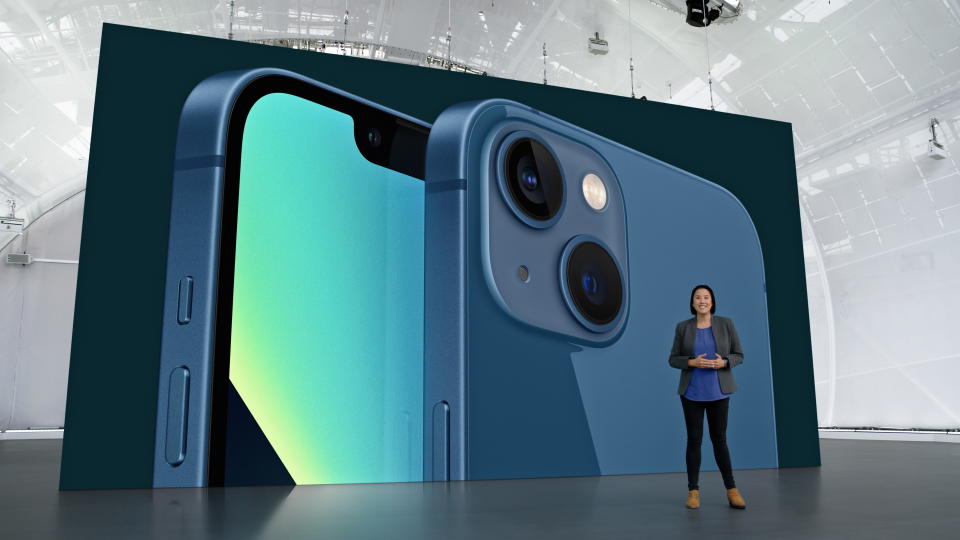 Apple's Kaiann Drance showcasing the new iPhone 13 during the Apple Special Event at Apple Park in Cupertino, California. Source: EPA via AAP