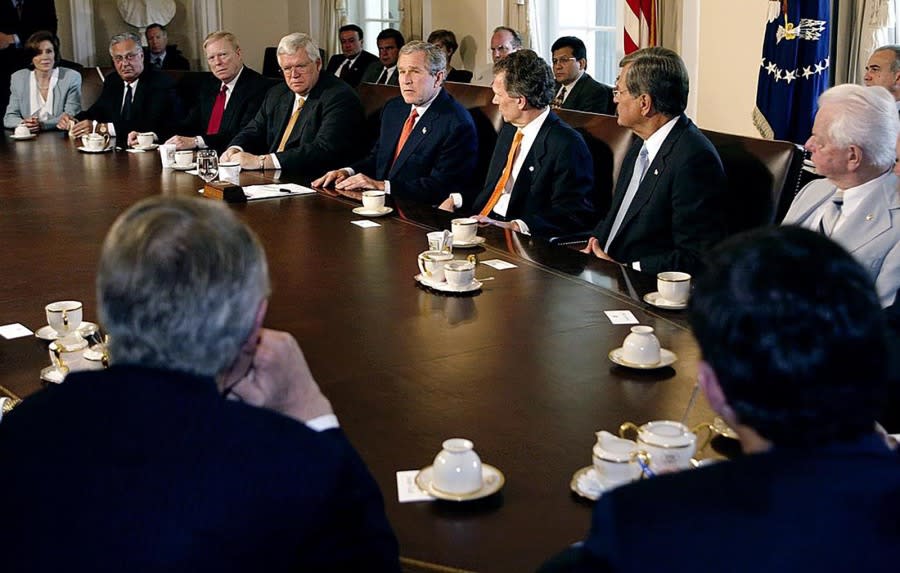 President George W. Bush conducts a bipartisan meeting with members of Congress regarding Homeland Security in 2002. Nancy Pelosi as at far left. ( Paul Richards / AFP via Getty Images)