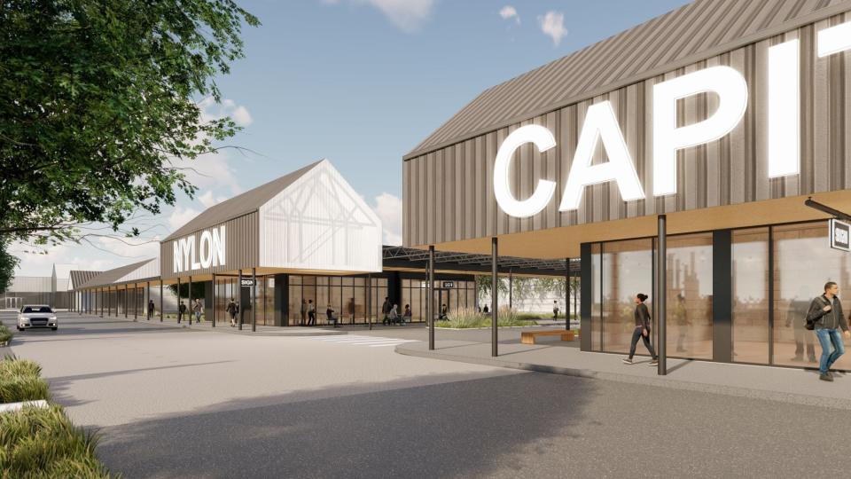 Renderings of Nylon Capitol Center, a $60-million, 22-acre renovation of a legacy shopping center in Seaford, Del, that will include pickleball courts and public space, a community college, a health care center, co-working office space, retail and restaurants.