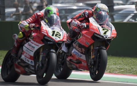 IMOLA, ITALY - MAY 13: Chaz Davies of Great Britain and ARUBA.IT RACING-DUCATI and Xavi Fores of Spain and Barni Racing Team (L) head down a straight during the Superbike race 2 during 2018 Superbikes Italian Round on May 13, 2018 in Imola, Italy. (Photo by Mirco Lazzari gp/Getty Images) - Credit: Mirco Lazzari/Getty Images Europe