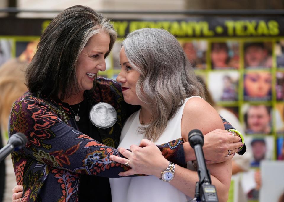 Becky White, left, hugs Stefanie Turner, mother of Tucker Roe, Friday after the sentencing of Juan Ignacio Soria Gamez, who pleaded guilty to the distribution of controlled substances resulting in Roe's fentanyl death. White is the mother of Cameron Curtis Stewart, who also died of fentanyl poisoning.