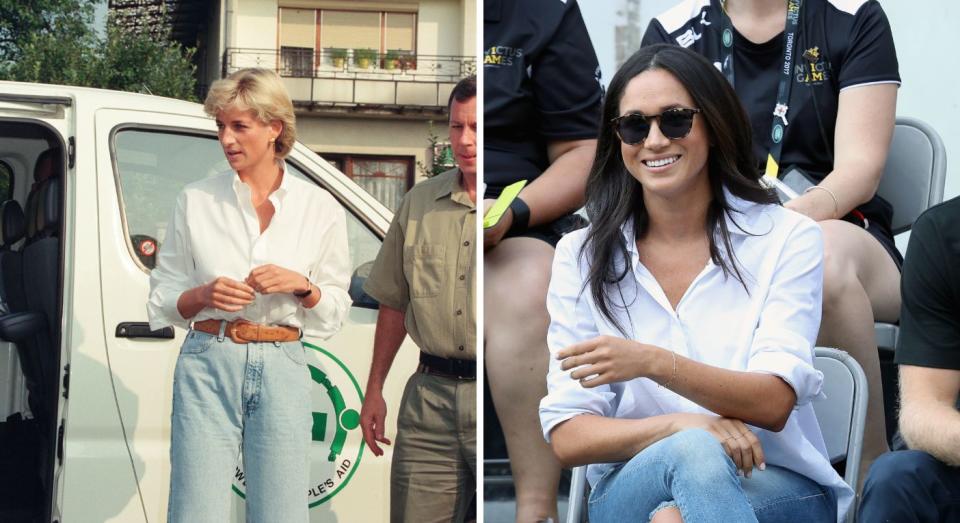 Meghan's favoured look of an oversized white shirt and jeans is similar to Diana's more casual or off-duty looks from the 90s. (Getty Images)