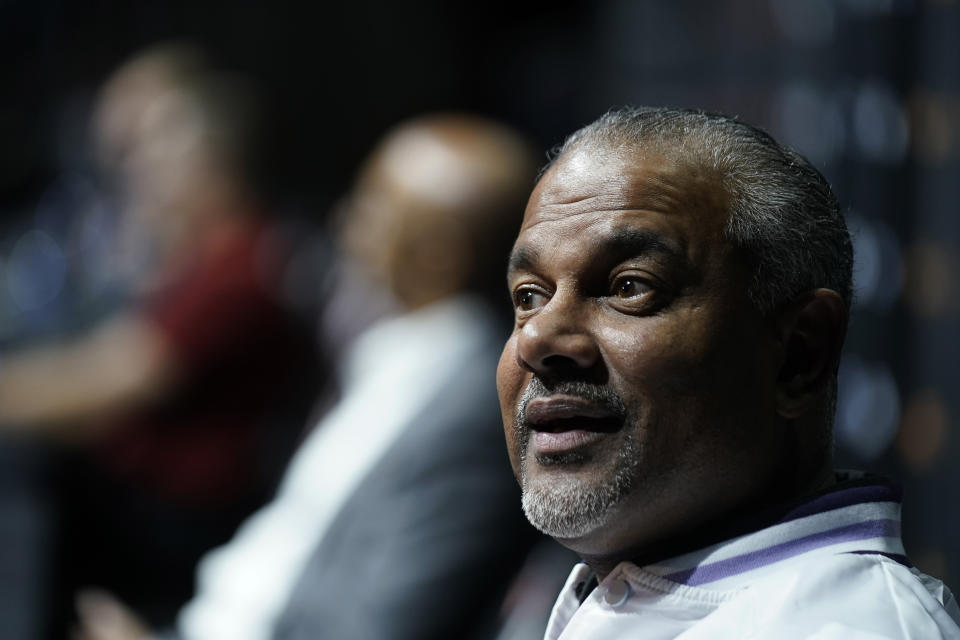 Kansas State coach Jerome Tang speaks to the media during the NCAA college Big 12 men's basketball media day Wednesday, Oct. 18, 2023, in Kansas City, Mo. (AP Photo/Charlie Riedel)