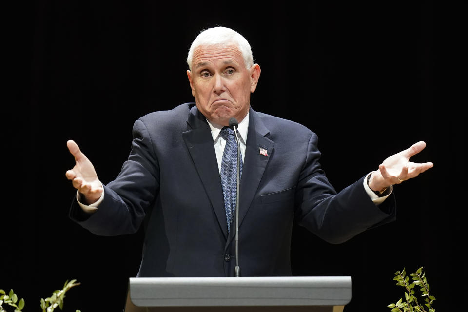 Former Vice President Mike Pence gestures as he addresses the Gary R. Herbert Institute for Public Policy on the campus of Utah Valley University Tuesday, Sept. 20, 2022, in Provo, Utah. (AP Photo/Rick Bowmer)