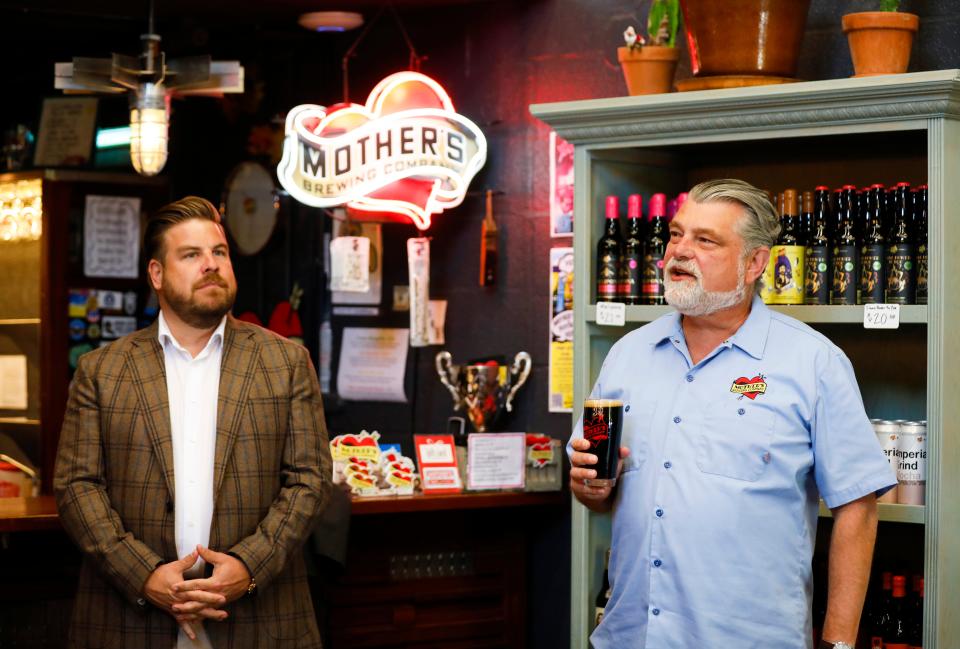 Jeff Schrag, formerly the chief executive officer and founder of Mother's Brewing Company, announces his retirement during a press conference in the Mother's TapRoom with new Mother's owner Jeff Seifried on Wednesday, May 3, 2023.