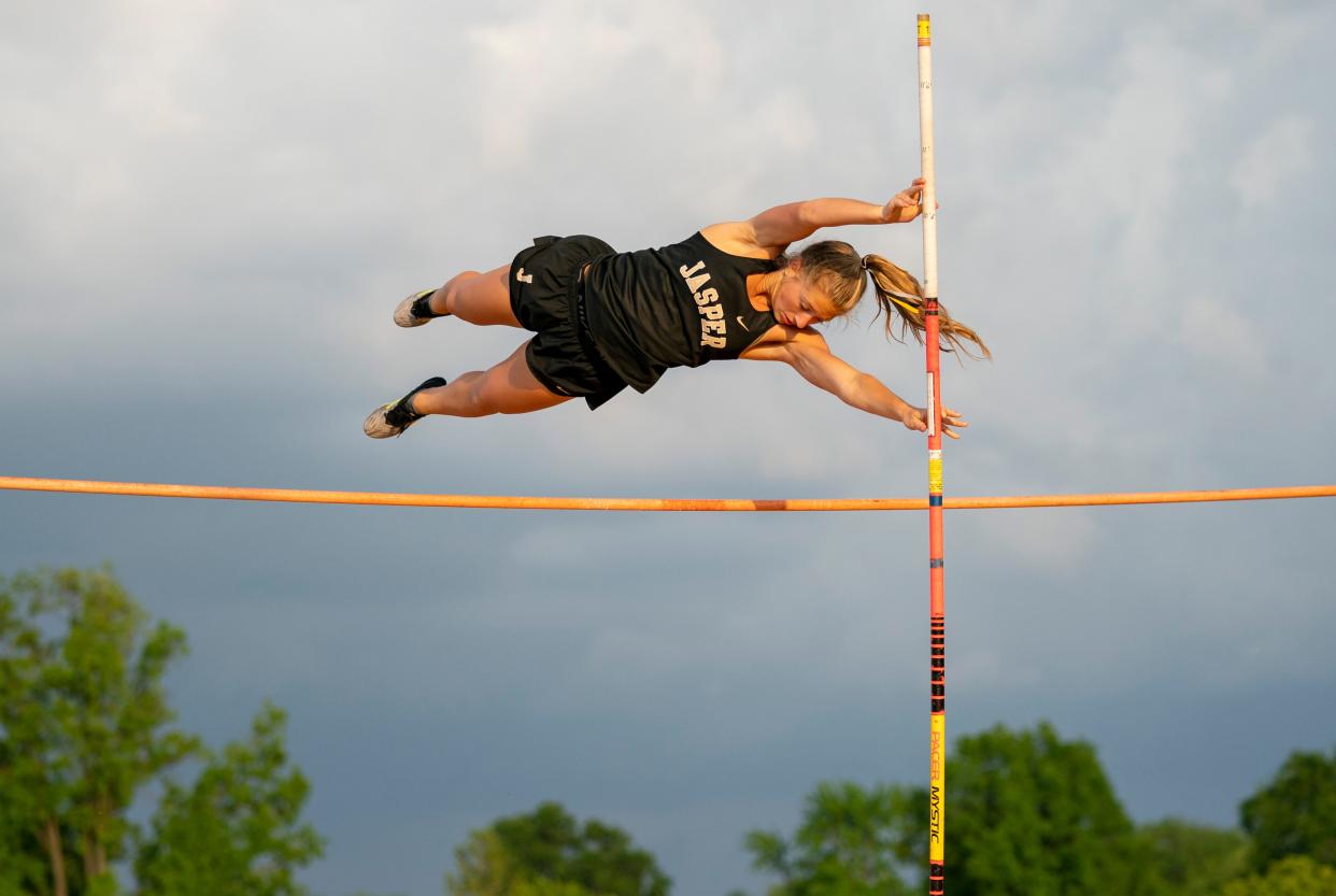 Japser’s Molly Kramer clears 8 feet 6 inches during the 2024 Southern Indiana Athletic Conference Girls Track & Field meet at Central High School in Evansville, Ind., Wednesday, May 1, 2024.