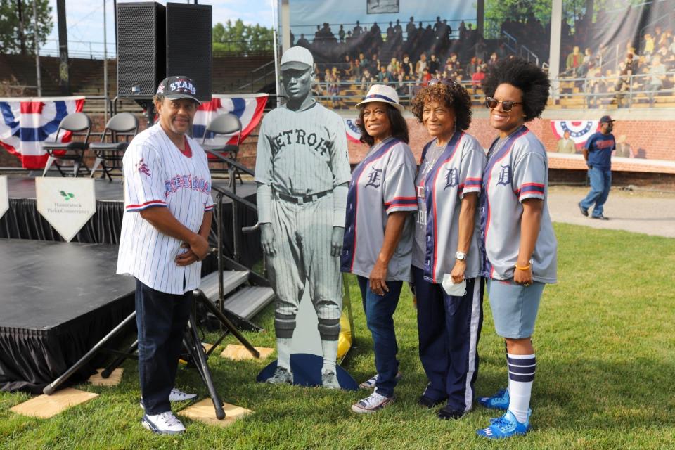 Family members of the late Norman Thomas “Turkey” Stearnes, including his daughters, Joyce Stearnes Thompson and Rosilyn Stearnes-Brown, along with his granddaughter, Vanessa Rose, posed with a cutout of the Hall of Famer during a ceremonial groundbreaking for renovations at Hamtramck Stadium, the former home of the Detroit Stars, on Tuesday, Aug. 3, 2021. Today, Stearnes Thompson and Stearnes-Brown continue to honor their father's legacy and they also display their passion for music through their longtime membership in the Brazeal Dennard Chorale, which is celebrating its 50th anniversary this year with two June performances in Detroit.