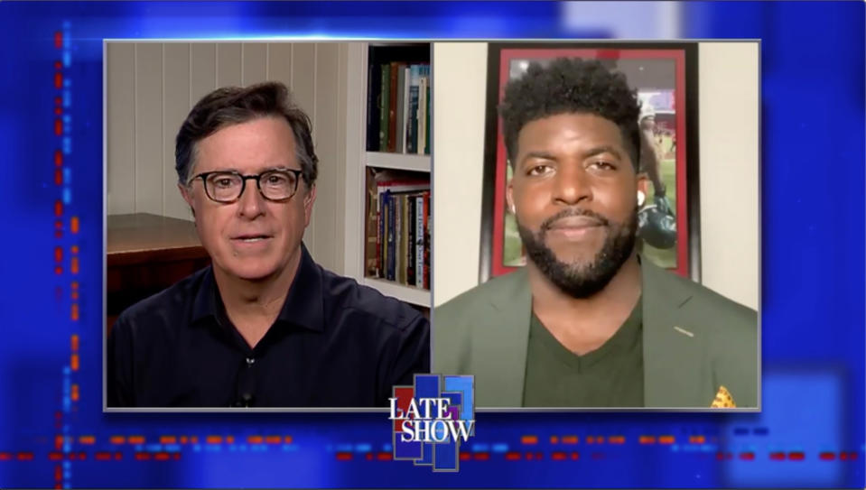 NEW YORK - JUNE 9: The Late Show with Stephen Colbert and Emmanuel Acho during Tuesday's June 9, 2020 show. Image is a screen grab. (Photo by CBS via Getty Images)