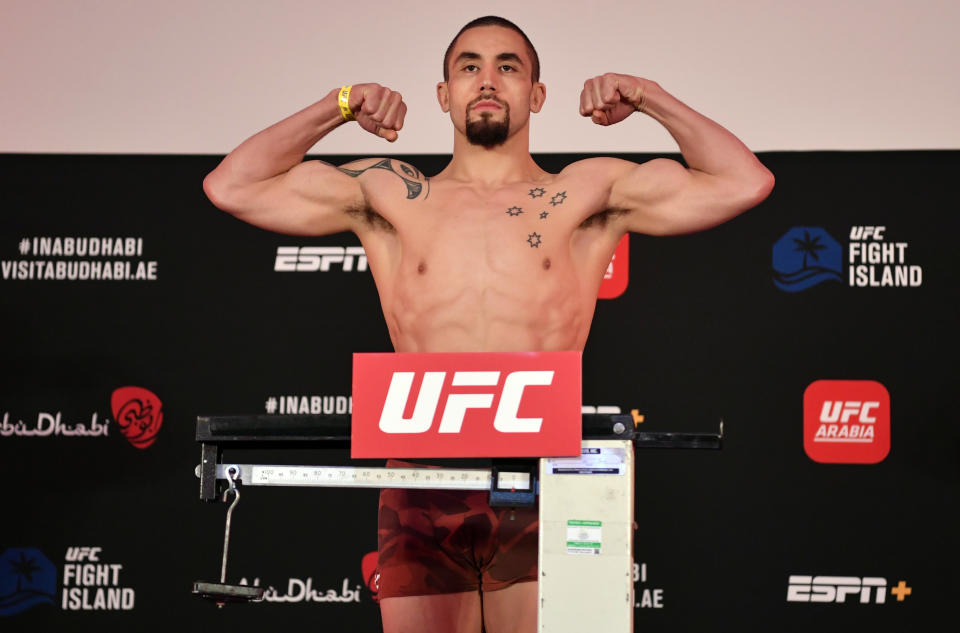 ABU DHABI, UNITED ARAB EMIRATES - JULY 24: Robert Whittaker of New Zealand poses on the scale during the UFC Fight Night weigh-in inside Flash Forum on UFC Fight Island on July 24, 2020 in Yas Island, Abu Dhabi, United Arab Emirates. (Photo by Jeff Bottari/Zuffa LLC via Getty Images)