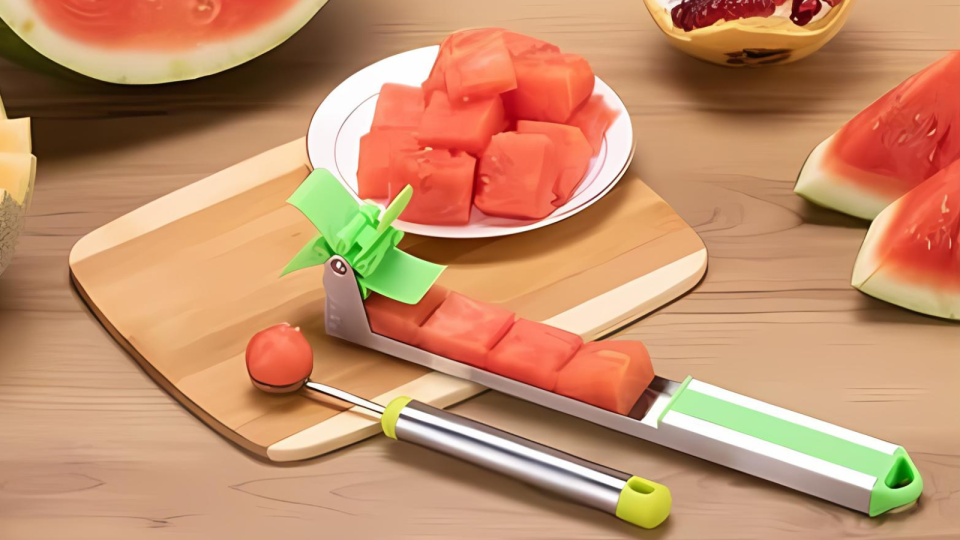 the watermelon slicer next to a melon spoon and a plate of diced watermelon