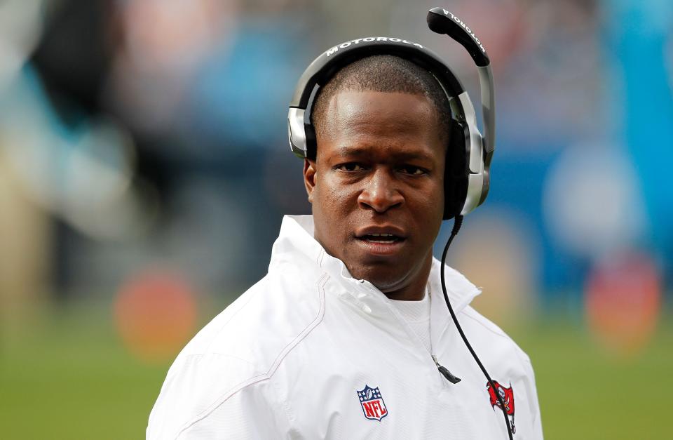 CHARLOTTE, NC - DECEMBER 24:  Head coach Raheem Morris of the Tampa Bay Buccaneers watches on during their game against the Carolina Panthers at Bank of America Stadium on December 24, 2011 in Charlotte, North Carolina.  (Photo by Streeter Lecka/Getty Images)