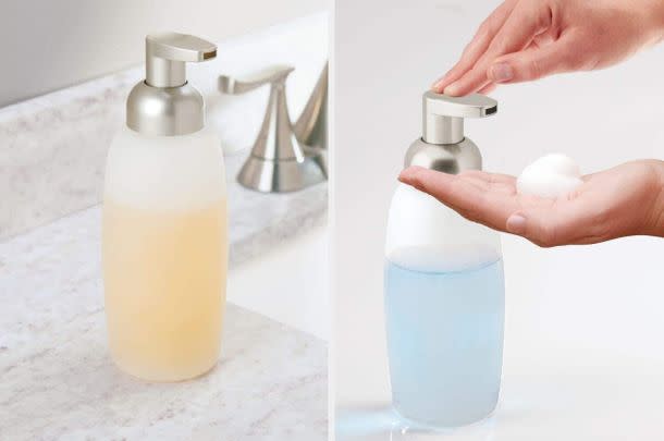 This frosted glass dispenser is here to help you get the most out of your hand soap.