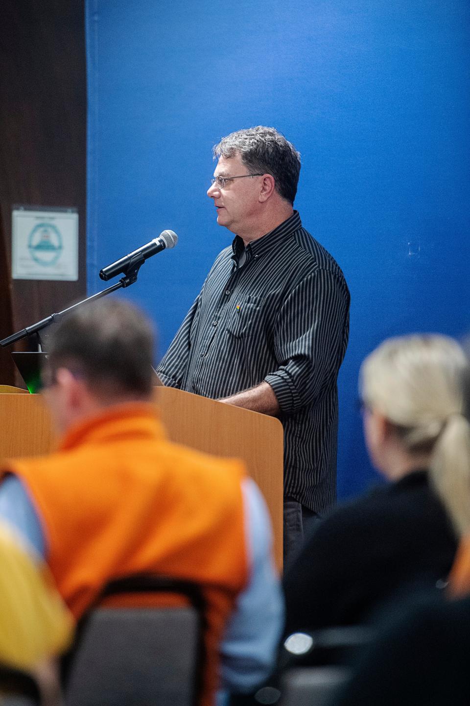 Craig White, supportive schools director and special projects adviser at Campaign for Southern Equality spoke to how SB49 violates Title IX at the Asheville City Schools board meeting, October 9, 2023.