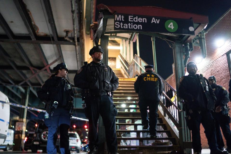 Police officers at the scene of the shooting in the Bronx on Feb. 12, 2024. AP Photo/Eduardo Munoz Alvarez