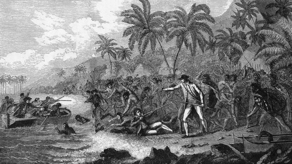 An engraving, published in 1850, depicting the death of Captain James Cook in Hawaii in 1779.  / Credit: Bettmann via Getty Images