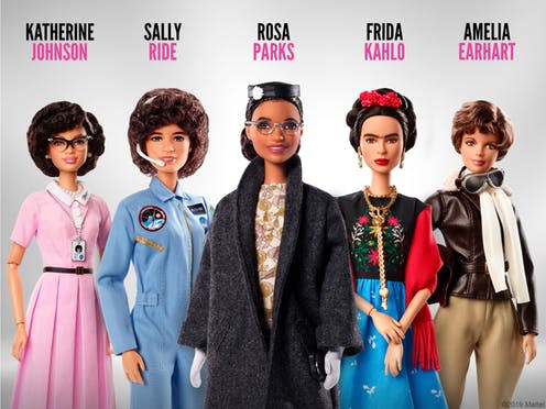 <span class="caption">The Rosa Parks Barbie (centre) with other figures from the Inspiring Women Series. From L to R: Katherine Johnson, Sally Ride, Frida Kahlo and Amelia Earhart.</span> <span class="attribution"><a class="link " href="http://www.barbiemedia.com/images/2019.html" rel="nofollow noopener" target="_blank" data-ylk="slk:Mattel, Inc.;elm:context_link;itc:0;sec:content-canvas">Mattel, Inc.</a></span>