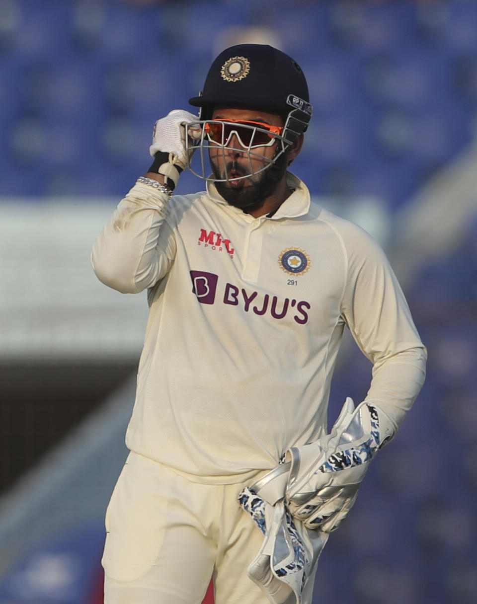 India's Rishabh Pant adjusts his sunglasses during the day four of the first Test cricket match between Bangladesh and India in Chattogram, Bangladesh, Saturday, Dec. 17, 2022. (AP Photo/Surjeet Yadav)