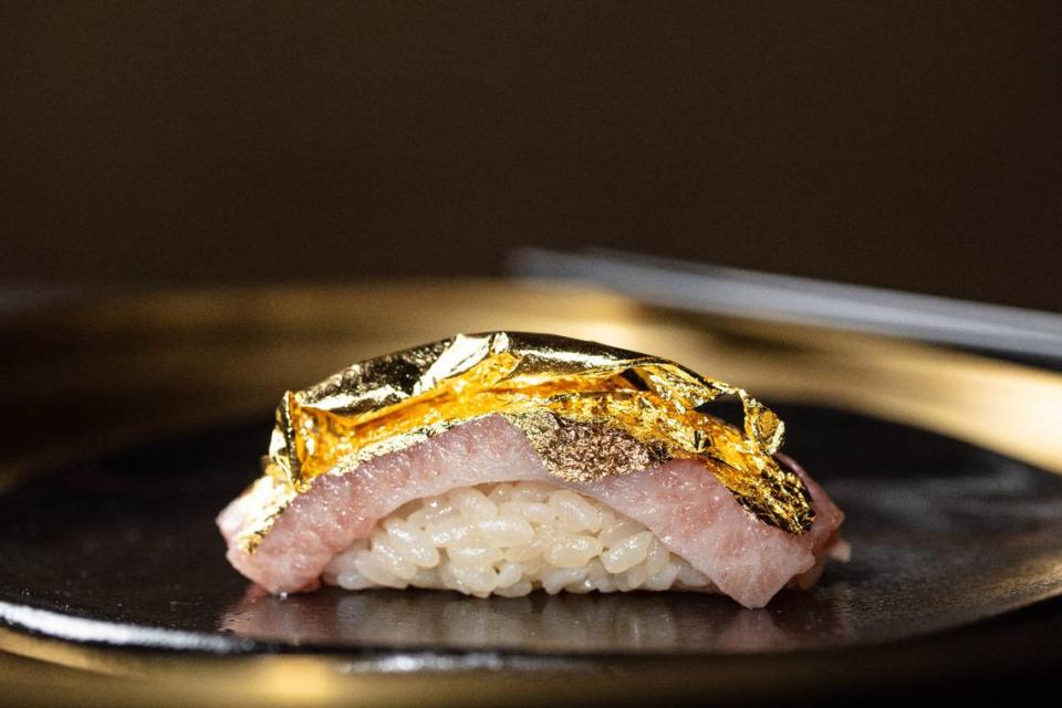 The 24K Otoro, fatty tuna topped with gold, at Gekkō Japanese restaurant in Brickell.