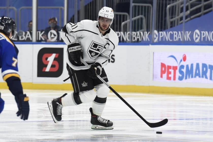 Los Angeles Kings' Anze Kopitar (11) in action against the St. Louis Blues during the second period of an NHL hockey game Sunday, Jan. 24, 2021, in St. Louis. (AP Photo/Joe Puetz)