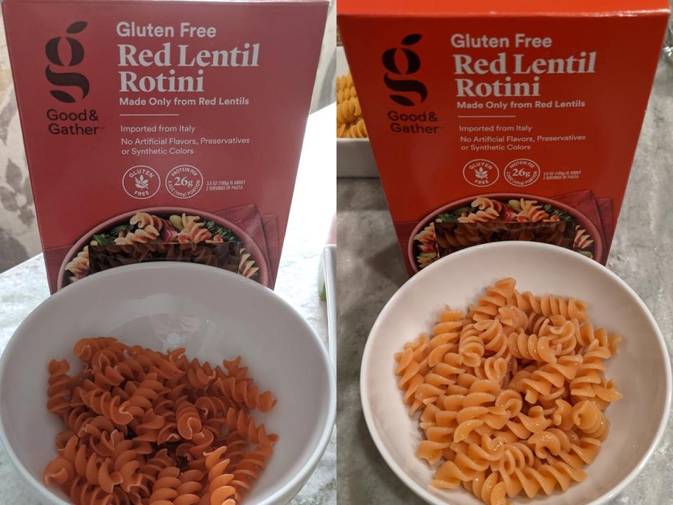 (left) uncooked good and gather red lentil pasta (right) cooked good and gather red lentil pasta