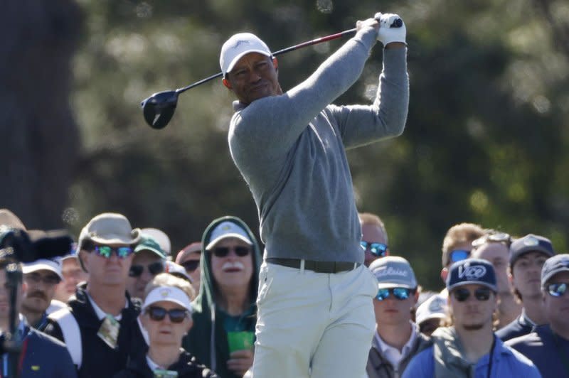 Tiger Woods tees off on the first hole in second round of the Masters Tournament on Friday at Augusta National Golf Club in Augusta, Ga. Photo by Tannen Murray/UPI