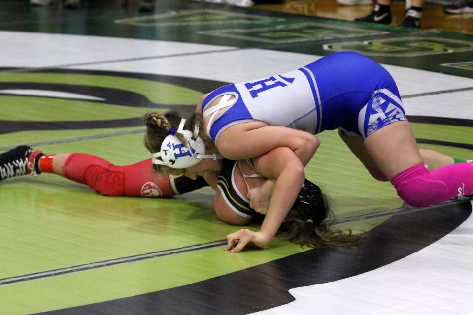 Horseheads' Kalyani Wiehe, top, beat Corning's Jenna Comer in the girls 145-pound final at the Southern Tier Athletic Conference Wrestling Tournament on Jan. 21, 2023 at Owego Free Academy.