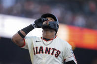 San Francisco Giants' Luis Matos celebrates after hitting a three-run home run against the Los Angeles Dodgers during the second inning of a baseball game Monday, May 13, 2024, in San Francisco. (AP Photo/Godofredo A. Vásquez)