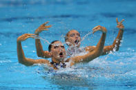 Olivia Federici and Jenna Randall of Great Britain compete in the Women's Duets Synchronised Swimming Free Routine Final on Day 11 of the London 2012 Olympic Games at the Aquatics Centre on August 7, 2012 in London, England. (Photo by Clive Rose/Getty Images)