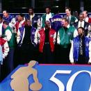 Michael Jordan with Larry Bird and Magic Johnson during the NBA's ceremony honoring the 50 greatest NBA players of all time in February 1997. (Getty Images)