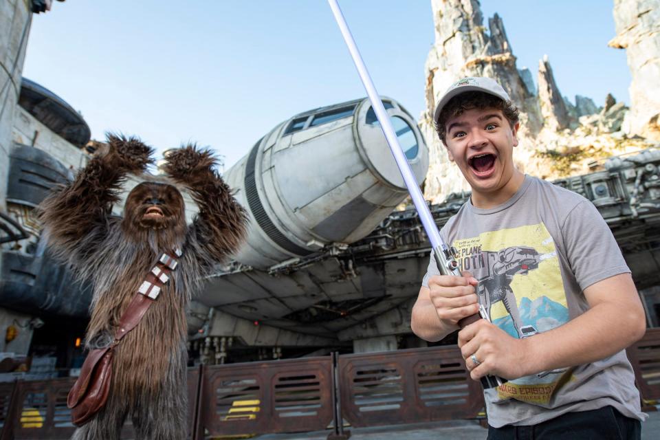 Actor Gaten Matarazzo had fun showing off his Chewbacca impersonation when he encountered the Wookie at Star Wars: Galaxy’s Edge at Disney’s Hollywood Studios at Walt Disney World Resort in Lake Buena Vista, Fla.,