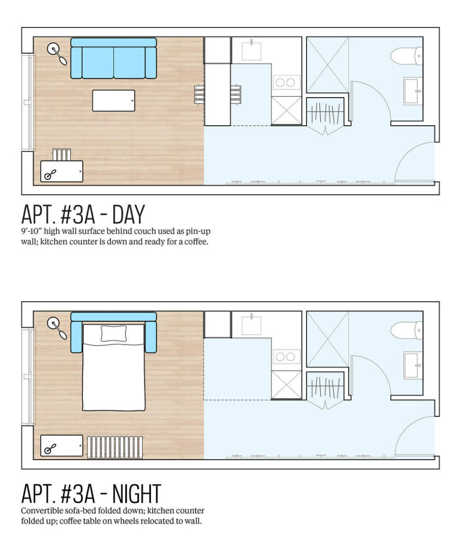 A floor plan of another apartment, this one with a fold-out sleeper couch instead of a Murphy bed.