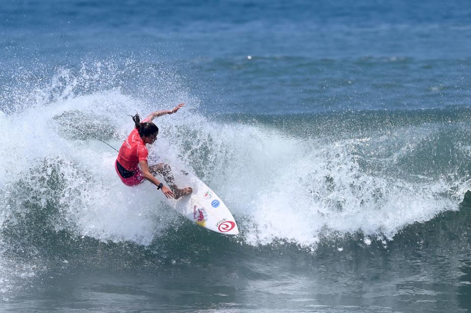 Teresa Bonvalot of Portugal rides a wave in the women's main round during the 2021 Isa World Surfing Games in El Salvador, in El Tunco beach, El Salvador on June 5, 2021. - Teresa Bonvalot qualified this Saturday to the Olympic Games in Tokyo 2021. (Photo by MARVIN RECINOS / AFP) (Photo by MARVIN RECINOS/AFP via Getty Images)