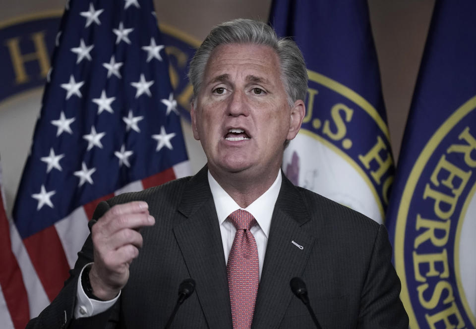 House Minority Leader Kevin McCarthy, R-Calif., talks about House Republicans and the election, during a news conference on Capitol Hill in Washington, Thursday, Nov. 12, 2020. (AP Photo/J. Scott Applewhite)