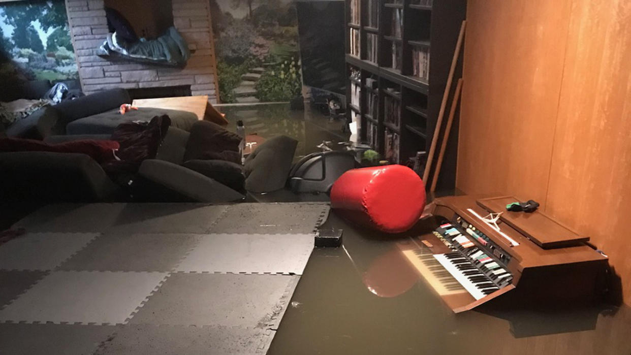 The basement in Colin McComb's home in Grosse Pointe Park, Mich., as he first looked down the stairs after it flooded on June 26. (Colin Moulder-McComb)